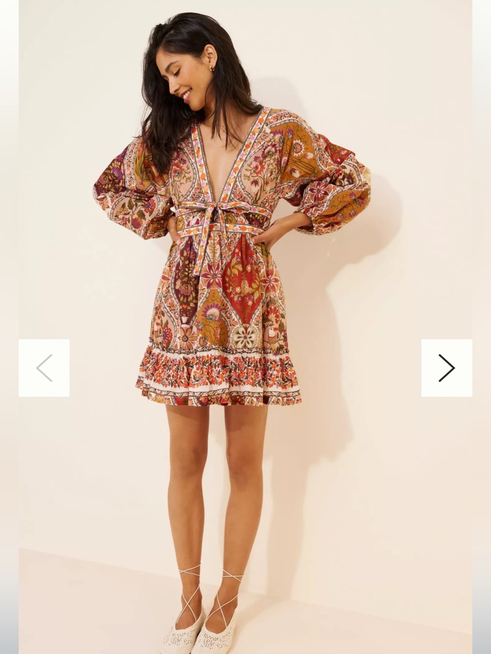 FARM Rio Paisley Patchwork Tie-Front Mini Dress in Rust and Pink